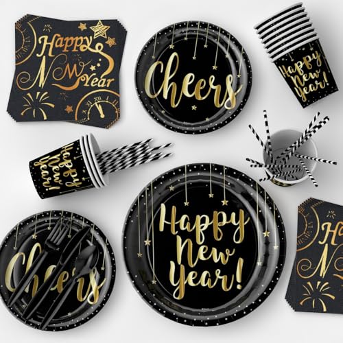 Happy New Year Eve Party Supplies Nye Decorations 2026 Tableware, New Years Plates and Napkins Disposable, 194 Pcs Happy New Year Banner Paper Plates, Napkins, Cups, Tablecloth Serve 24 - Image 4