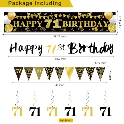 Image of 71st Birthday Decorations for Men, Black Gold 71st Party Decoration Kits | 27pcs Happy 71st Birthday Set, Banner, Honeycomb, Balloons, Gold Number, Candle, Hanging Swirls, Cake Topper, Party Supplies