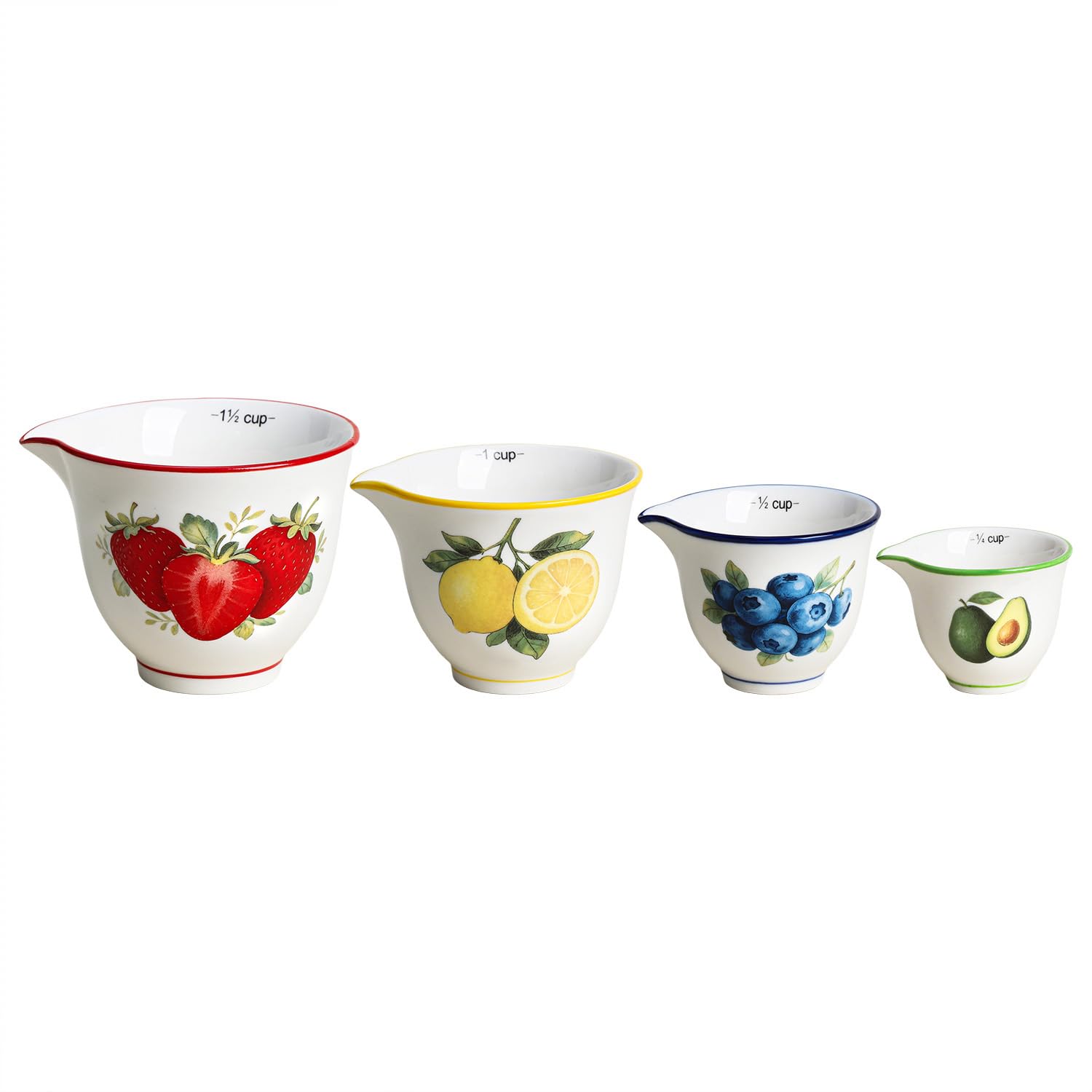 Sizikato Set di misurini in ceramica per cucinare e cuocere, set da 4 pezzi, simpatici motivi di frutta