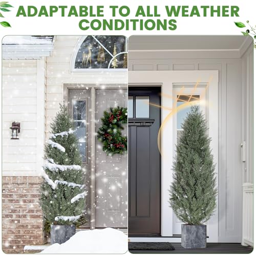 GarveeHome 5 Ft Artificial Topiary Trees Set of 2, Uv Resistant Faux Cedar Porch Tree with Decorative Grass, Potted Fake Evergreen Cypress Plants for Indoor Outdoor Decorations