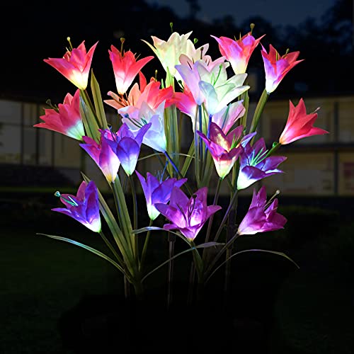 Outdoor Solar Garden Stake Lights - Doingart 6 Pack Solar Powered Lights with 24 Lily Flower, Multi-Color Changing LED Solar Decorative Lights for Garden Patio Backyard (Purple ,Pink and White)