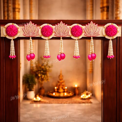Image of Divyakosh Decorative Toran Door Hanging Garland with Pink Floral & Lotus Design | Elegant Beaded Wall /Door Decor for Festivals, Weddings & Home Decoration | 38 Inches