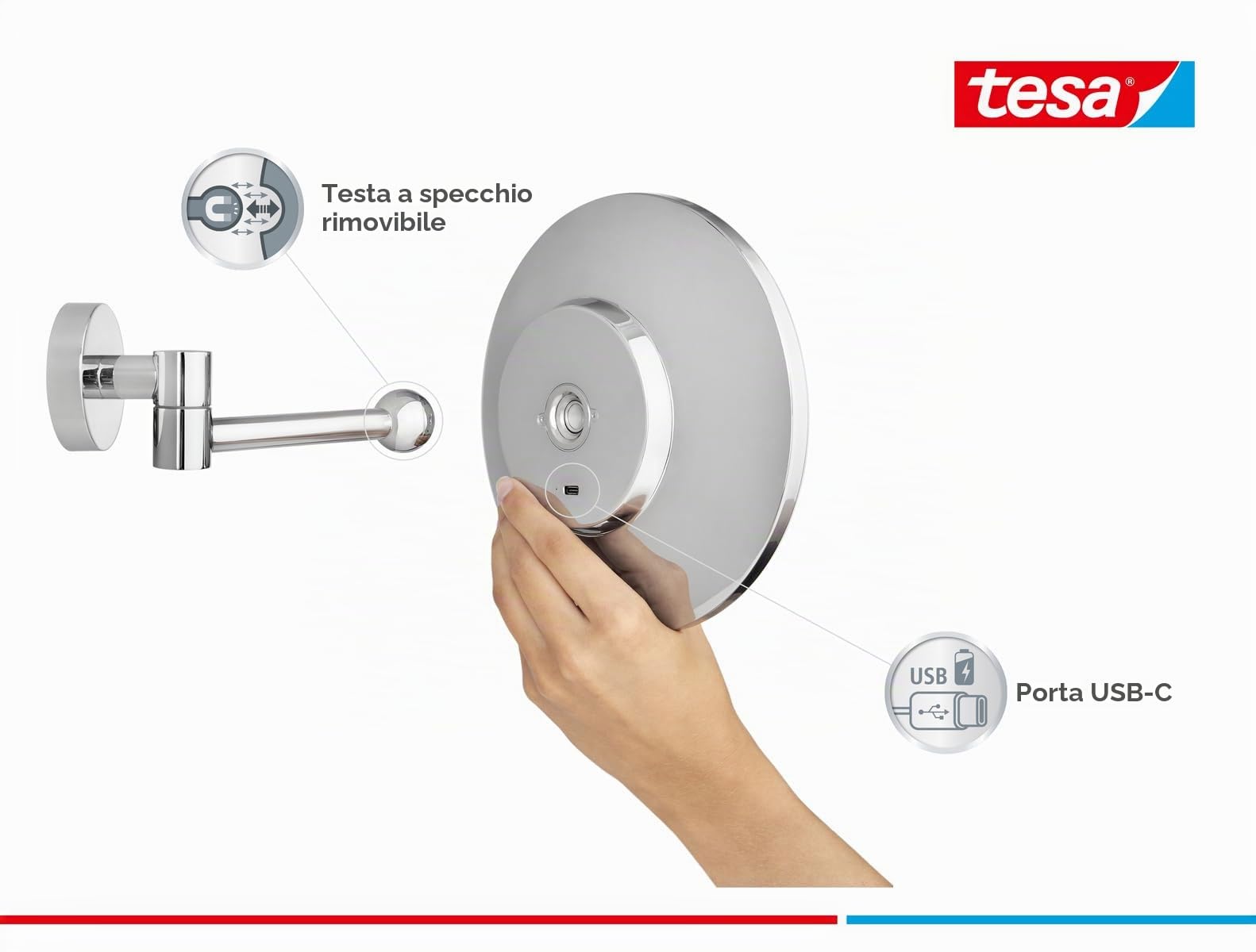 tesa VISIOON LED specchio da trucco con illuminazione dimmerabile - Touch Control, Ricaricabile, Ingrandimento 5x, Braccio Snodato - Montaggio Senza Foratura - 18 cm - cromato
