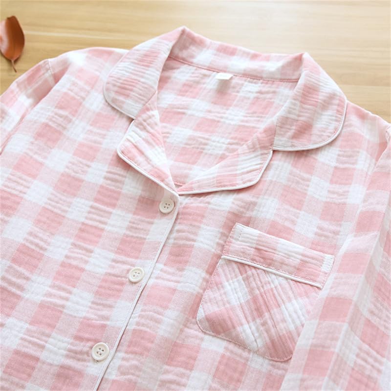 Shanghai Story Double Gauze Notch Collar Check Print Pajamas Long Sleeve Sleepwear Button Down Pj Set3