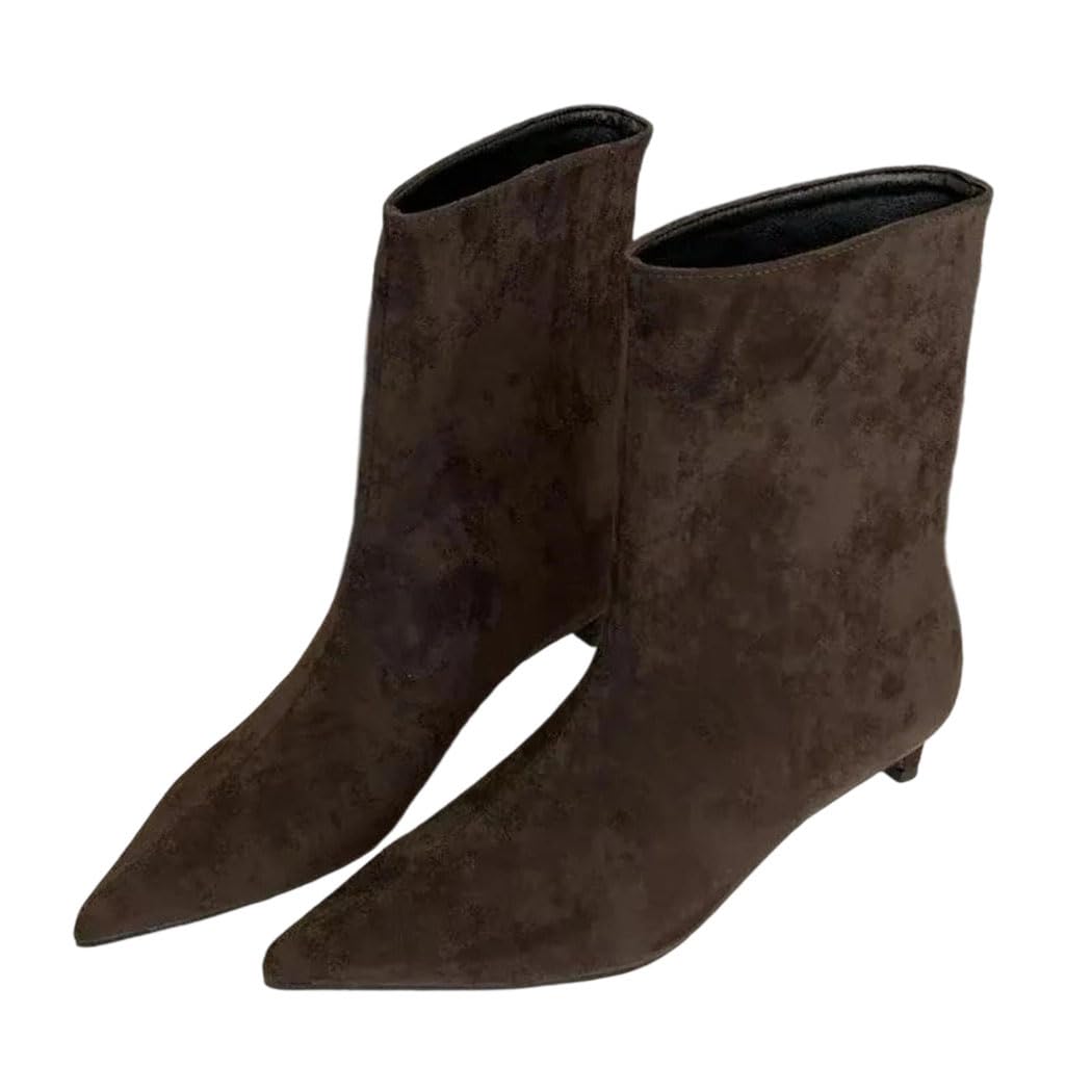 Womens Pointed Toe Ankle Boots Vintage Low Heel Designer Autumn-Winter Dress Shoes