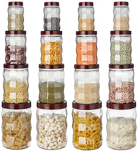 Amazon Brand – Solimo Plastic Storage Container Set (16 pieces, Edge Pattern, Maroon)