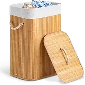 Cesto de Bambu Claro com Tampa para Roupas Sujas Forro Removível com Aro de Aço para Fixação Dobrável Alça de Corda Macia Ideal para Lavanderia Área de Serviço Banheiro e Quarto Premium