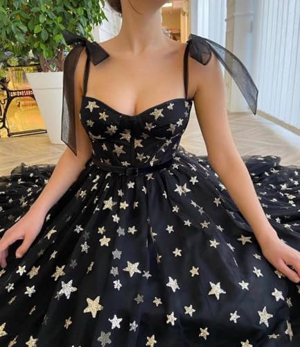 Basgute Sparkly Starry Tulle Prom Dresses for Women Tea Length Glitter Star A Line Formal Evening Party Gown2