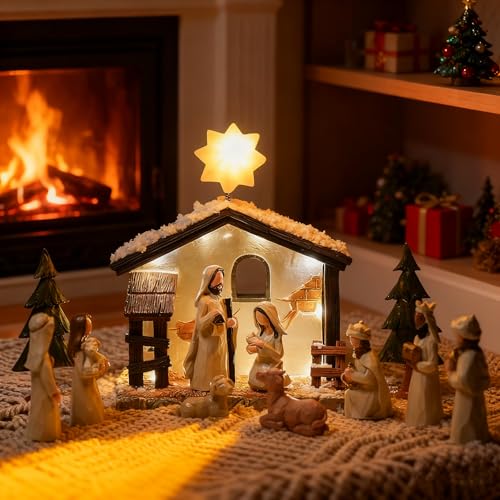 Krippenfiguren Set – Weihnachtskrippe Mit Beleuchtung, 13Pcs...