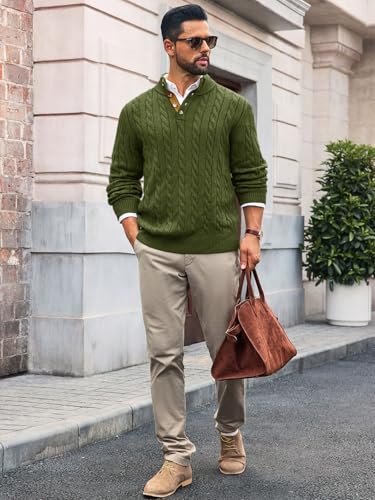 Runcati Mens Cable Knitted Pullover Sweater Casual Stand Collar Winter Warm Quarter Button Sweaters4