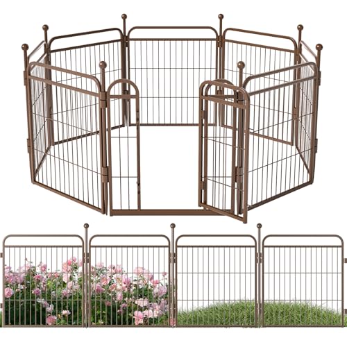 24 in(H) Decorative Garden Fence Outdoor for Yard with Gates,Heavy Duty Iron 8 Panels Total 14.7ft(L) Anti Dig Fence with Gravity Automatic Lock for I