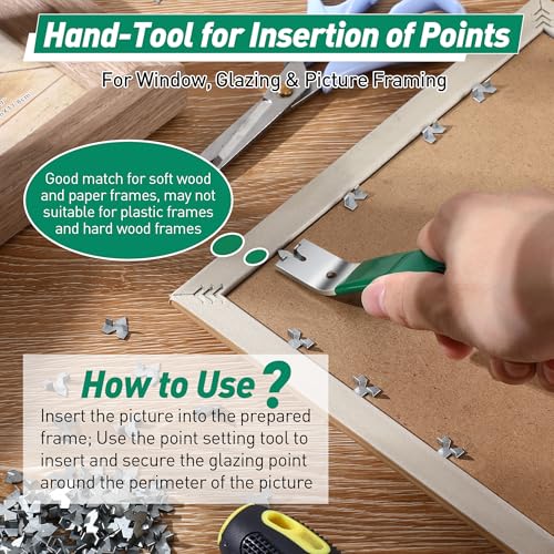 Image of Feekoon Glazier Point Driver, Glazier Setting Tool with 100 Push Points, Glazing Push Point Driver Tool for Framing Glass Picture Cross Stitch(Green,1 Pack)
