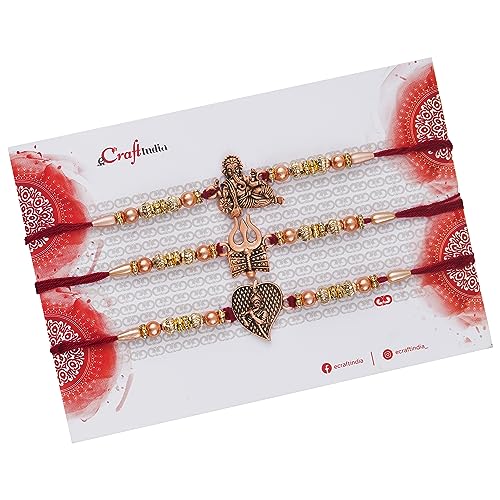Image of eCraftIndia Red & Golden Set of 3 Trishul with Damru, Lord Ganesha, & Lord Krishna Playing Flute Religious Rakhis with Roli Chawal Pack