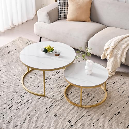 GrandCA HOME Tables Basses Rondes gigognes, Lot de 2 avec Cadre en métal doré pour Salon Moderne, Tables d'appoint en Pierre frittée et marbre Blanc de 60...