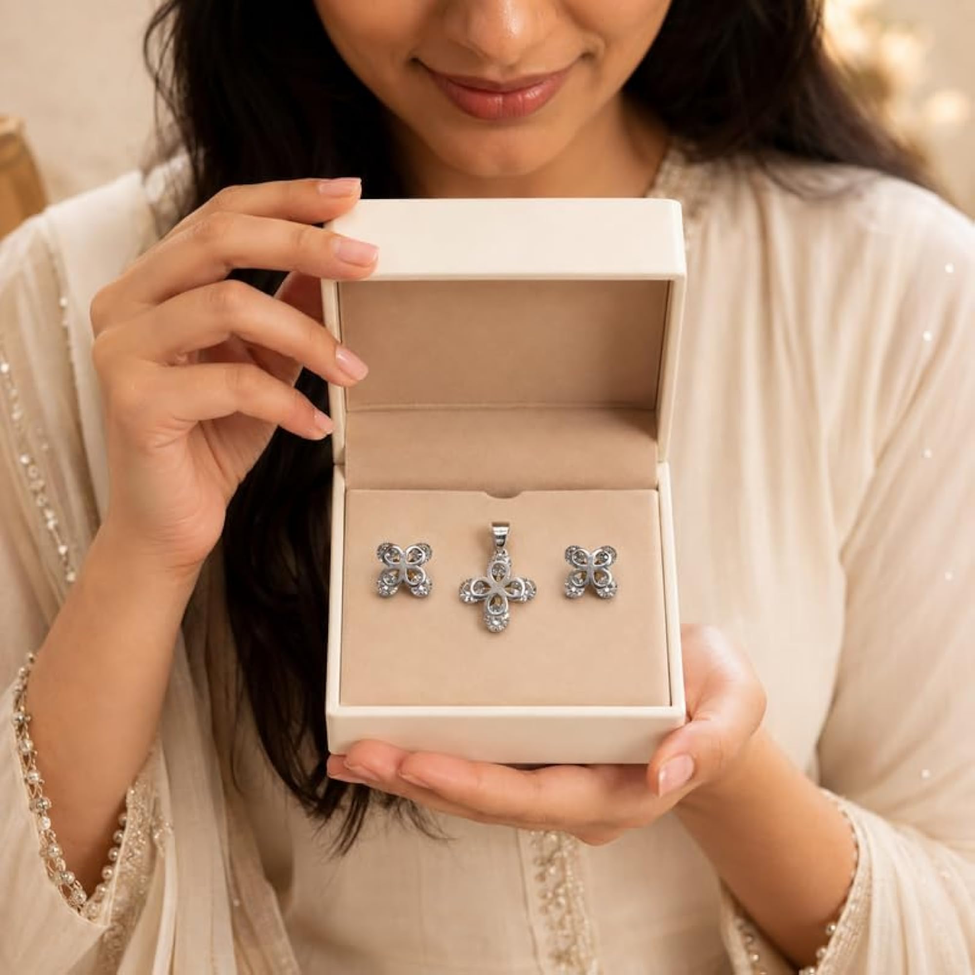 925 Sterling Silver Pendant & Earrings Set with Floral Cubic Zirconia