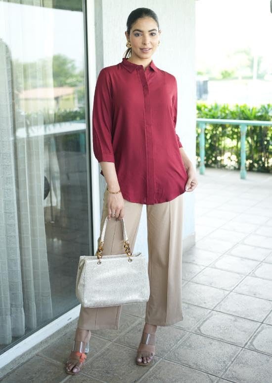 Image of Mlada Hemline Solid Shirts for Women | 3 /4 Sleeves Classic Rayon Shirt for Office Wear | Collared Neck Shirt for Girls | Regular Fit Shirts | Smart Formal Button Down Shirt for Women