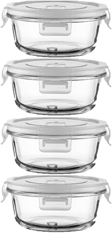 Small Round Glass Food Containers with lids, 12oz Round Food Storage Containers with Lid, 1.5 Cup Small Glass Food Containers with Lid BPA-Free, Microwave, Dishwasher, Freezer Safe (4 Pack)