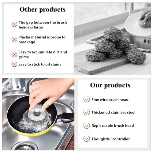 Image of Stainless Steel Wool Scrubbers Metal Sponge Scrubber for Cleaning Dishes, Pans, Pots, Ovens, Grills, Sinks Steel Wool Brush with Handle for Kitchen 2Pcs