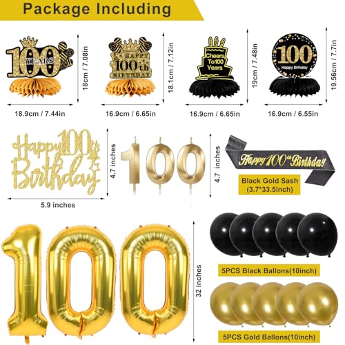 Image of 100th Birthday Decorations for Men, Black Gold 100th Party Decoration Kits | 27pcs Happy 100th Birthday Set, Banner, Honeycomb, Balloons, Gold Number, Candle, Hanging Swirls, Cake Topper, Party Supplies