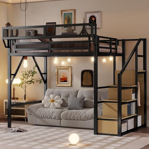 OYUMOENTS Full Size Loft Bed with Stairs, Metal Loft Bed