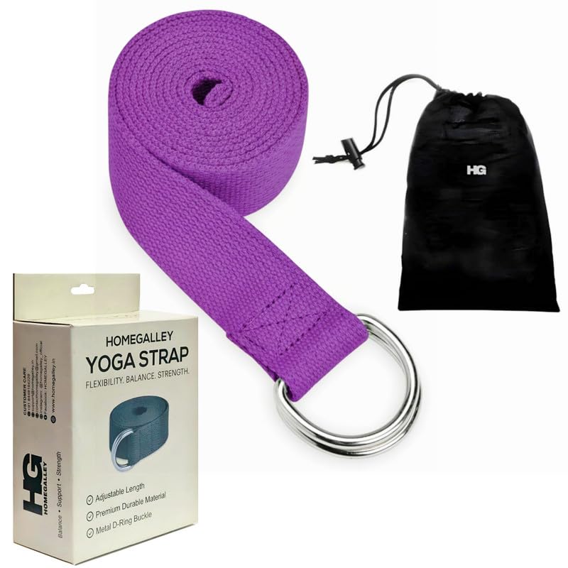 HOMEGALLEY Yoga Belt with D-Ring – Adjustable Cotton Yoga Strap for Flexibility, Stretching, Yoga, Fitness, Physical Therapy & Pilates – Strong and Comfortable for Men & Wome (Purple, 8 Feet)