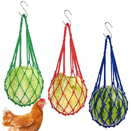 Touosy Lot de 3 Premium Filet Poule à Suspendre avec Crochets, Mangeoire Poules Durable Filet Anti Oiseaux, Accessoire Essentiel pour Poulailler Idéal pour Légumes Fruits, Convient aux Canards