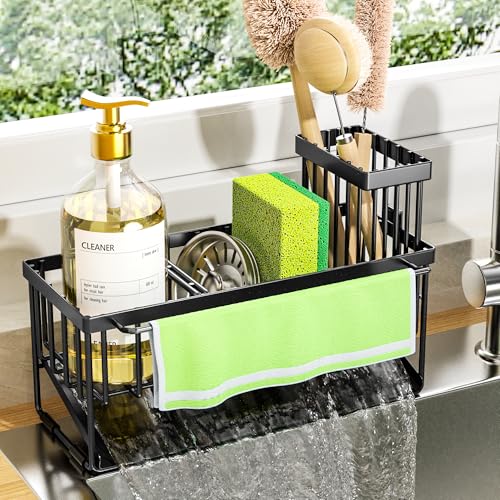 Cisily Kitchen Sink Caddy Organizer with High Brush Holder, Sponge Holder for Sink, 304 Rustproof Stainless Steel, Countertop Soap Dispenser Organizer, Black with Towel Rack, 9.25