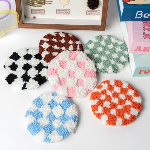 Image of WATINC Checkerboard Punch Needle Coaster Kit - 22Pcs Crafts Punch Needle Coasters Kits for Beginners, Checkerboard Patterns Coaster Tufted Rug Pads with Adhesive Felt Yarns Embroidery Hoop Instruction