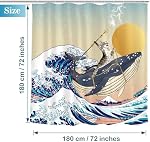 Rideaux de douche de chat amusant, Baleine d'équitation de chat dans l'océan japonais Ensembles de rideaux de douche Kanagawa Waves, Tissu imperméable Rideau pour enfants nautiques avec crochets pour salle de bain Décor - 72" x 72"
