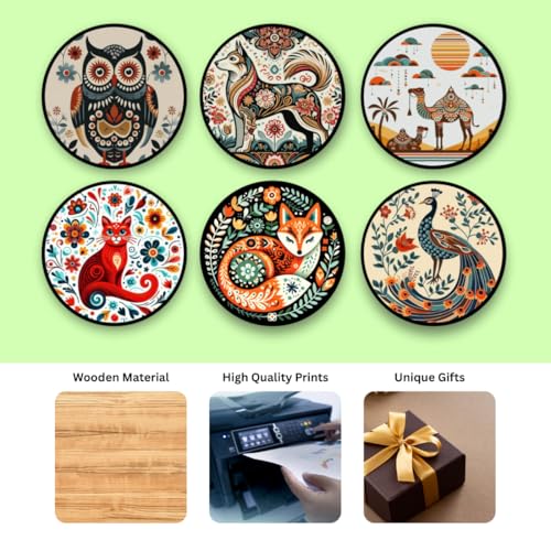 Image of Zesta Coasters for Cups Set of 6 / Wooden Coasters for Bar Accessories for Home /Tea Coaster Set of 6 / Waterproof Dining Table Decor Glass Cover (Animal B, Circle)