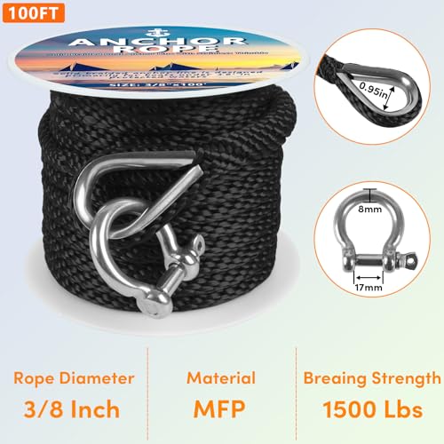 Anchor Rope 100 FT X 3/8 Inch, Premium Solid Braid MFP Anchor Line, Boat Anchor Rope with Stainless Steel Thimble and Shackle (Black)