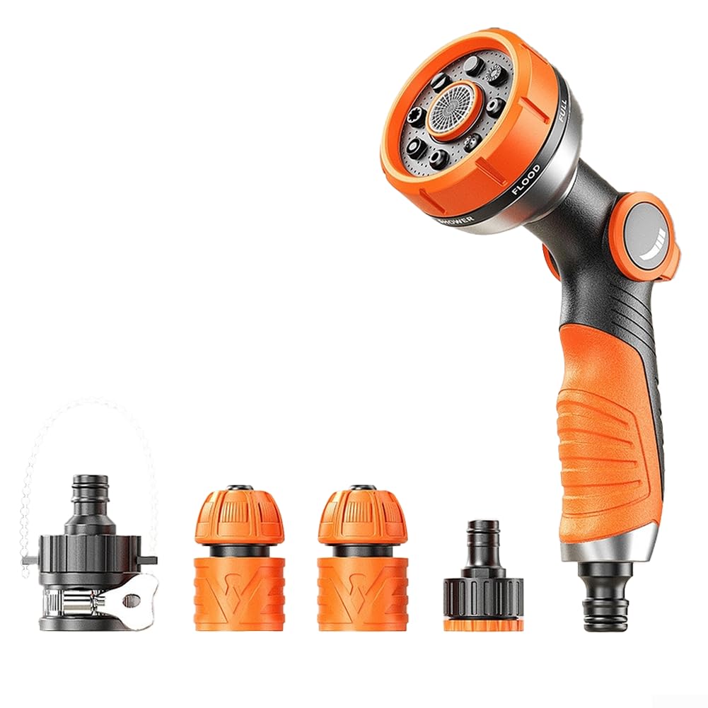 Gartenschlauch Sprühdüse, 8 Muster Hochdruck-Bewässerungswerkzeug mit One-Touch-Schalter für Autowäsche und Pflanzenpflege, Orange(A)