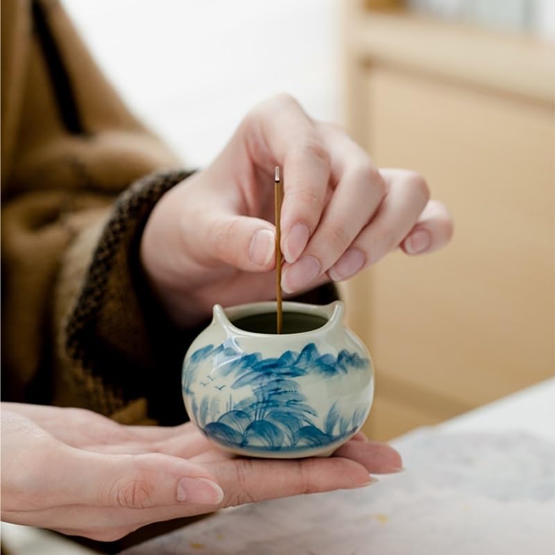Quemador de Incienso Quemador de incienso pintado a mano con esmalte de hielo, quemador de incienso pequeño de dos orejas, estufa pequeña de madera de agar china, decoración de escritorio de estudio Q