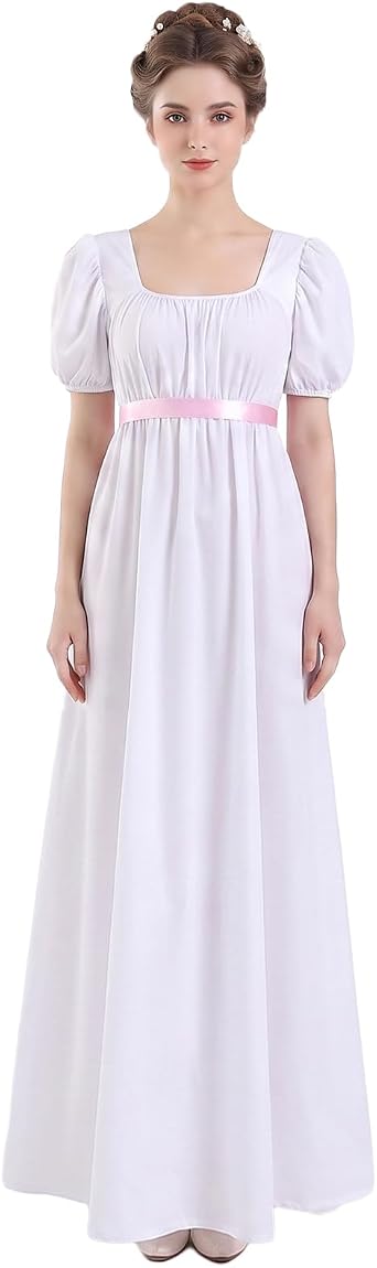 Women Regency Dress Square Neck Puff Sleeve Empire Waist Sash