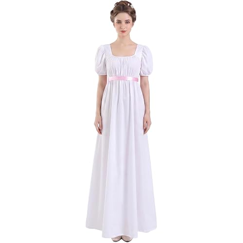 Women Regency Dress Square Neck Puff Sleeve Empire Waist Sash