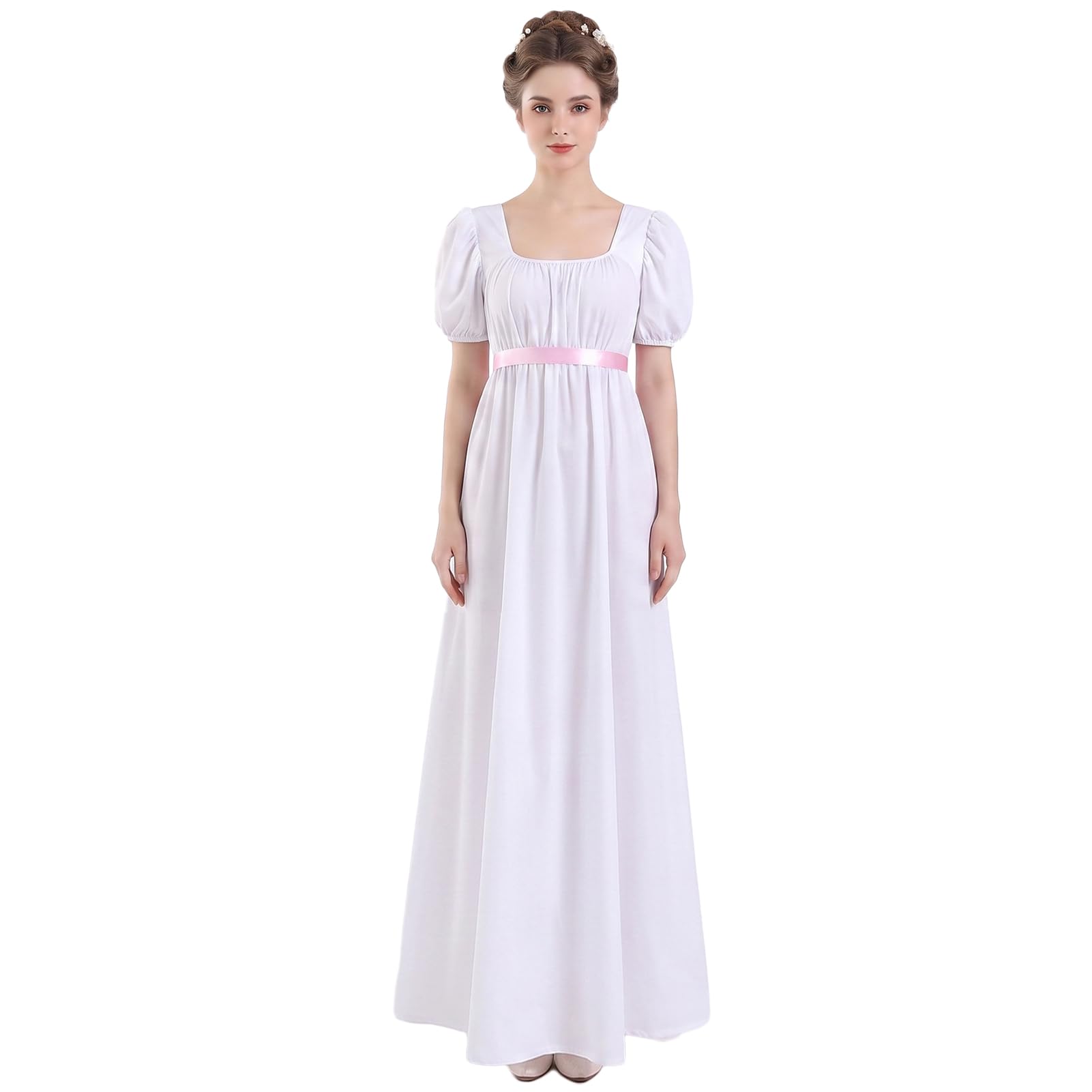 Women Regency Dress Square Neck Puff Sleeve Empire Waist Sash