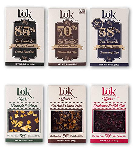 Lok Dark Chocolate Bar Mixed Variety Pack Lök | 85% Cacao, 70% Cacao, 58% Cacao Sugar Free, Pineapple & Mango, Sea Salt & Caramel Fudge, Cranberries & Pink Salt | 3.0 Ounce 6 Pack #TOP12