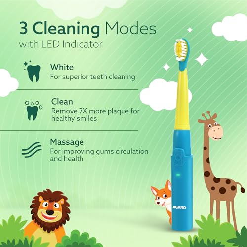 Image of AGARO REX Sonic Electric Kids Toothbrush with 3 Brushing Modes & Rechargeable Battery, Power Tooth Brush, (Blue)