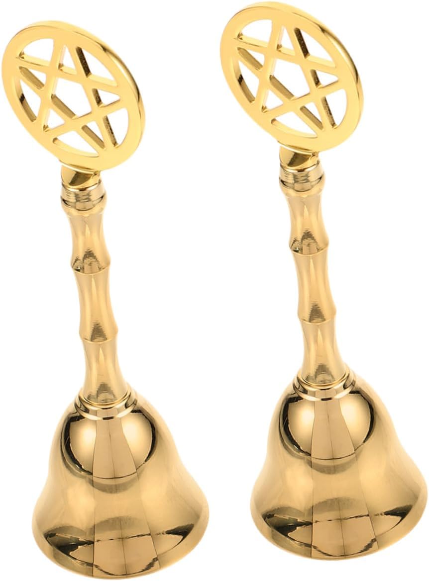 GALPADA Pentagram Brass Hand Bell Set 2pcs Small Metal Altar Bells for Ritual Prayer and Home Decoration