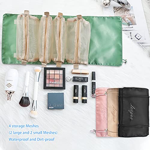 Hanging Roll-Up Makeup Bag Travel Toiletry Bag Cosmetics Organizer, 4 Removable Storage Bags Organize Makeup Cosmetics Personal Care Bathroom Brush Holder (Green)