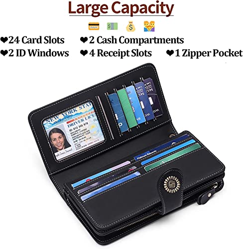 Image of Women Leather Wallet Crossbody Shoulder Bag with Double Zipper and Mobile Phone Purse with Shoulder Strap