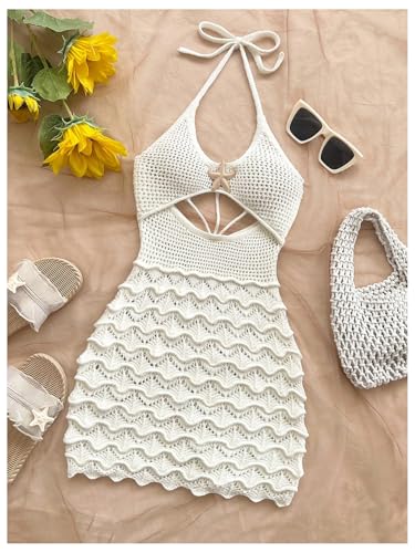 Image of GORGLITTER Women's Vacation Outfit Crochet Halter Knit Bubble Mini Dress Sexy Beach Cruise Summer Miami Resort Outfits