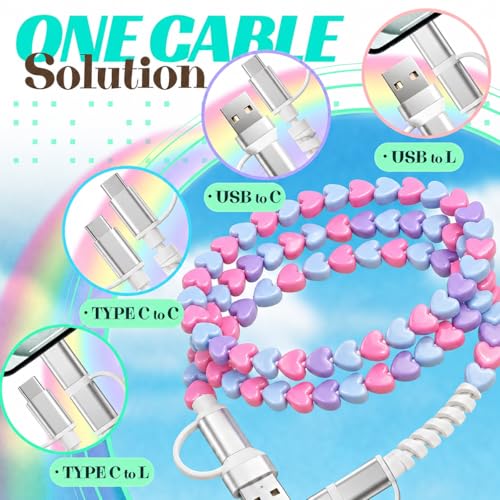 Image of 4-in-1 Beaded Charging Cable, MFi Certified, Works with CarPlay, 3.3FT 60W Fast Charger Cord for iPhone 17 /16 /15 /14 /13 /12 /11, iPad, Samsung, Android and More (Sweethearts)