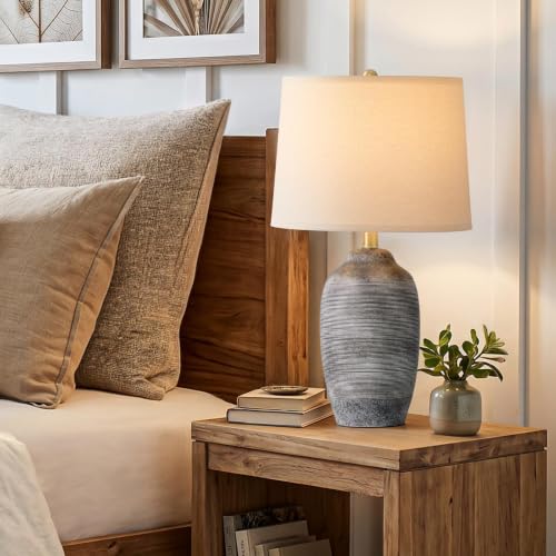 Image of 24.5 inch Vintage Ceramic Table Lamp Single-Rustic Boho Accent Nightstand Lamps for Bedroom, Living Room, Entryway-Small Textured Bedside Lamps, Modern Farmhouse Table Lamps for Home Decor Gray