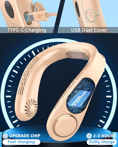 Image of Neck Fan with Semiconductor Cooling Plate, Rechargeable 5500mAh Battery, LED 5 Speeds & 3 Cooling Modes Display, USB Personal Cooling Device Gift for Hot Weather Mother's Day Father's Day, Apricot