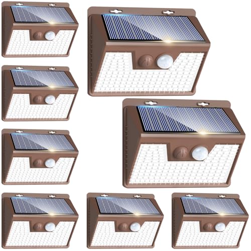 Image of Peasur Brown Solar Lights Outdoor Motion Sensor 8 Pack, Ultra-Bright 3 Mode 140LED Fence Security Light Waterproof, Solar Wall Lighting for Patio Yard Step House Outside Cool White