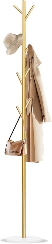 Perchero, Perchero Independiente de Metal con 8 Ganchos, Perchero Robusto con Base de Mármol Natural para Abrigos, Sombreros, Bufandas y Bolsos para Entrada, Pasillo, Dormitorio, Oficina, Dormitorio (Oro)
