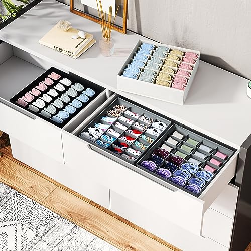 Easortm Sock Organizer 4 Pack, 24 Cell Underwear Organizer Foldable Underwear Storage, Sock and Underwear Drawer Organizer for Socks Ties Underwear Belts. (Grey)