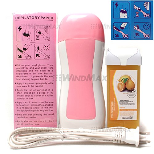 WindMax (R) 3 in 1 Pink Color Roll-on Refillable Depilatory Wax Heater Waxing Hair Removal Kit Tools Machine with 100 PCS Paper Strip , Lemon Taste 100g Wax , 110v Us Plug