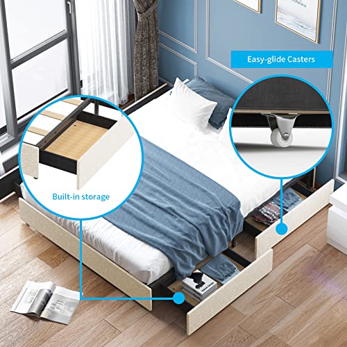 Mjkone Queen Size Bed Frame With 4 Storage,Cotton Linen Fabric Queen Size Platform Bed Frame With Wood Slat Support,No Box Spring Needed/Easy Assembly/Space Saving,Beige #TOP3